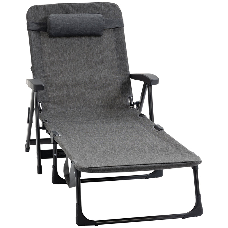 Garden Lounger, Mesh Fabric Lounge Chair, 7-Reclining Position Sleeping Bed w/ Pillow & Cup Holder or Poolside, 94H x 72W x 159D, Dark Grey