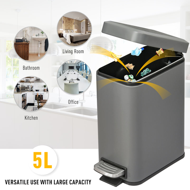 5L Rectangular Compact Bin, Steel Body, Removable Bucket, Quiet-Close Lid w/ Pedal Lid Rubbish Trash Can Garbage Tidy Clean, Grey