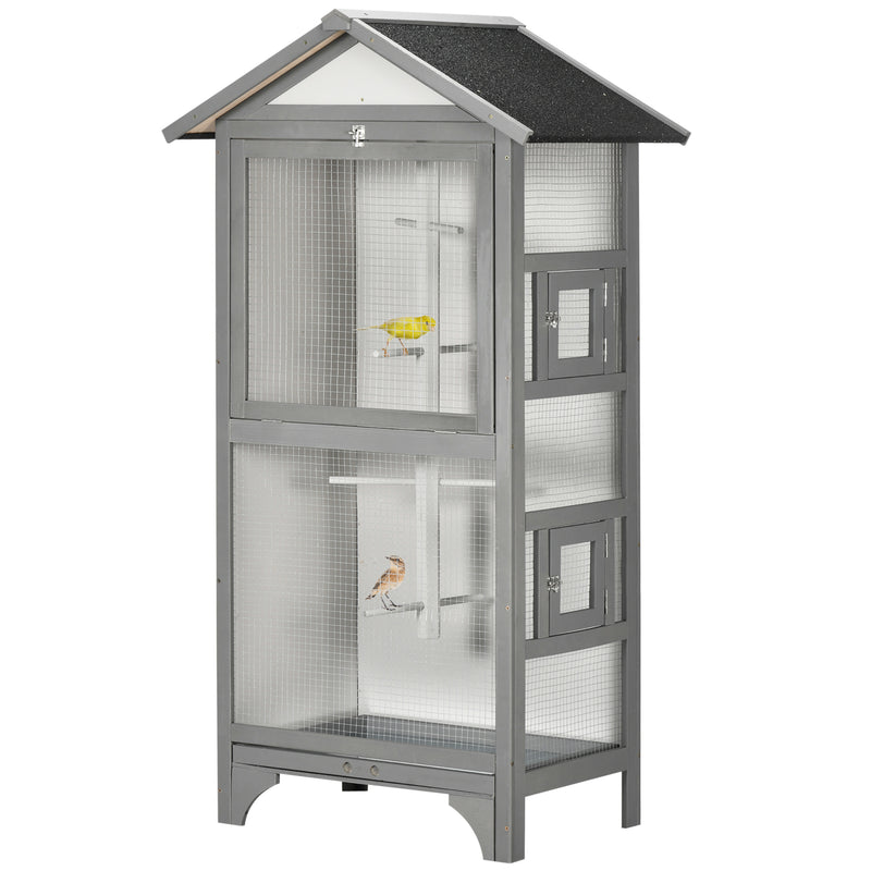 Wooden Outdoor Bird Cage, for Finches and Canaries, with Removable Tray, Asphalt Roof - Grey