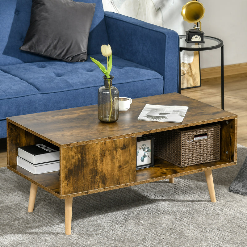 Coffee Table with Open Storage Shelves, Retro Cocktail Table with Solid Wood Legs for Living Room, Rustic Brown