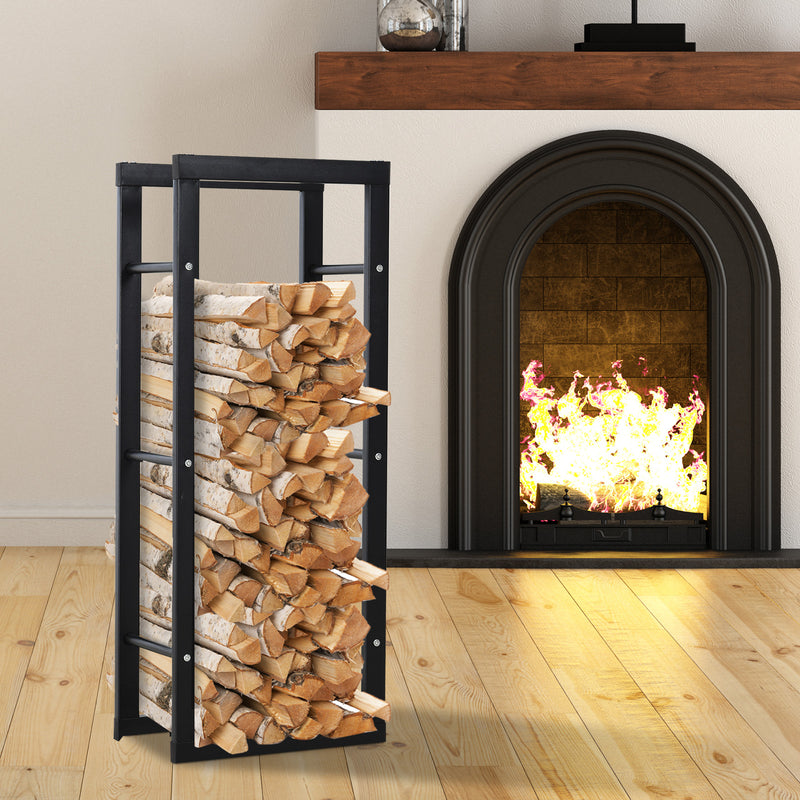 Metal Firewood Log Holder Tall Firewood Rack Indoor Outdoor Fireplace Wood Storage Shelf with Side Rails, Black, 40W x 25D x 100H cm