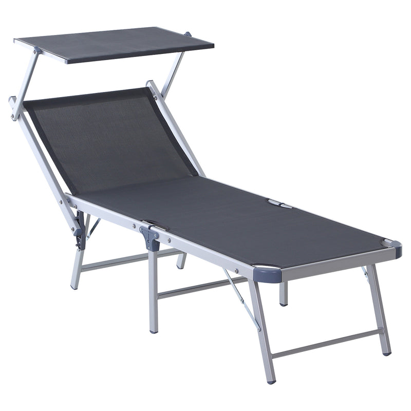 Garden Sun Lounger Texteline Chaise Lounge Reclining Chair with Canopy Adjustable Backrest Bed Aluminium Frame - Grey