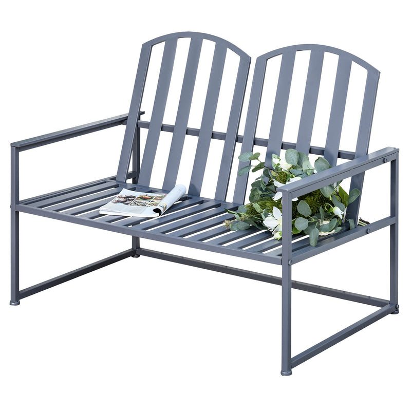 Garden Bench Loveseat 2 Seat Chair for Outdoor Park, Yard, Steel Frame, Decorative Slatted Design, Grey