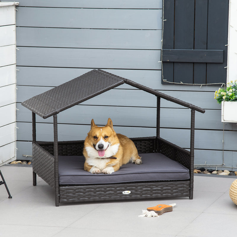 Wicker Dog House, Rattan Pet Bed with Soft Cushion, Canopy, Cat House with Anti-slip Pads, Grey, 98 x 69 x 73 cm