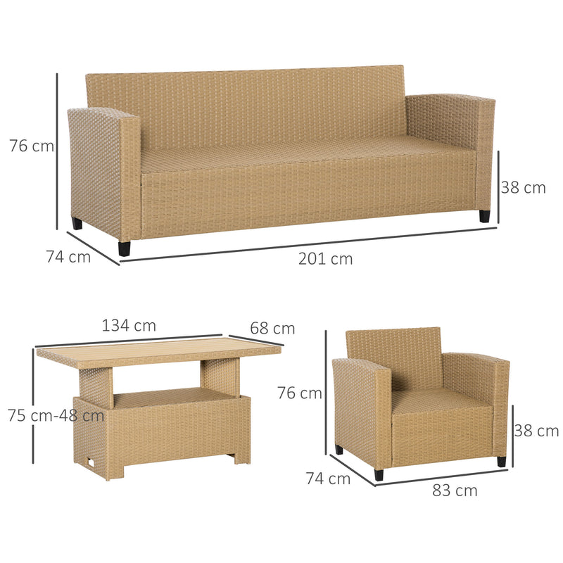 5-Seater Garden PE Rattan Sofa Set, Patio Wicker Aluminium Frame Conversation w/ Wood Grain Plastic Table, Khaki