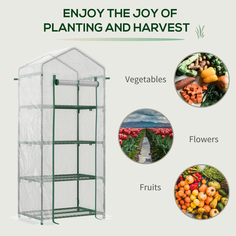 4 Tier Mini Greenhouse, Portable Green House with Steel Frame, PE Cover, Roll-up Door, 70 x 50 x 160 cm, White