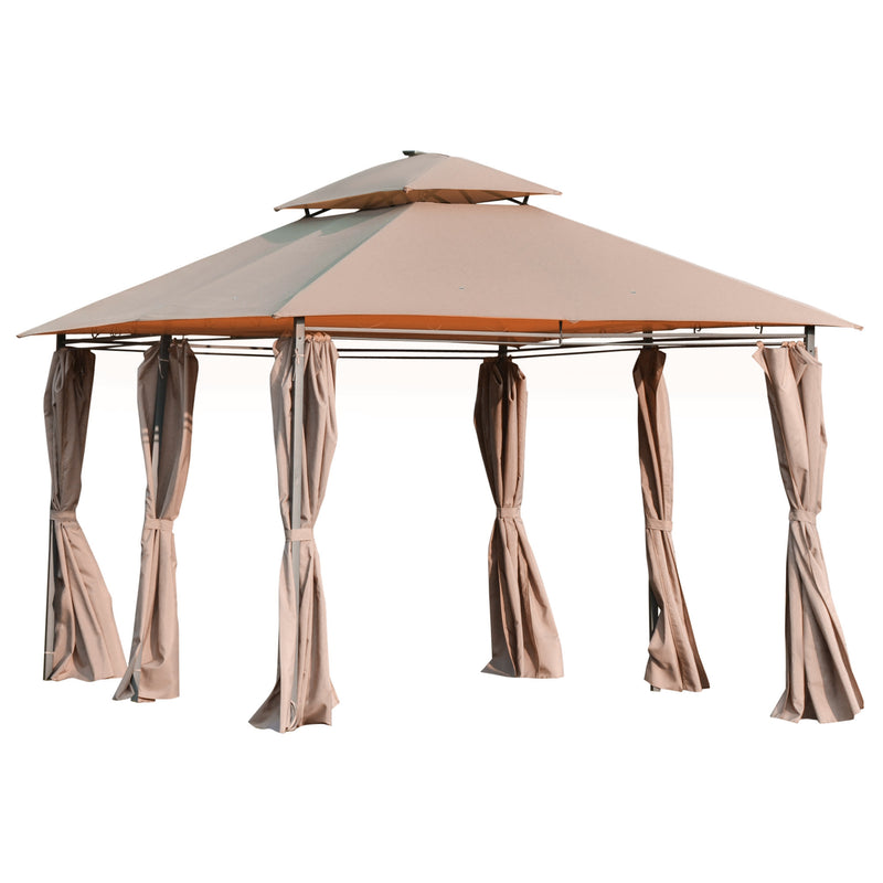 4 x 3(m) Outdoor Gazebo Canopy Party Tent Garden Pavilion Patio Shelter w/ LED Solar Light, Double Tier Roof, Curtains, Steel Frame, Khaki