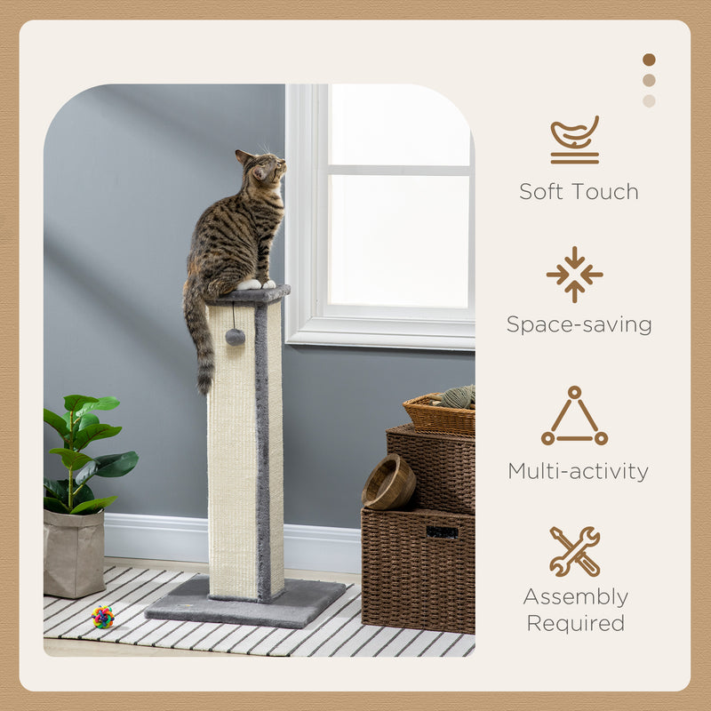 81cm Cat Scratcher, Vertical Full Scratcher with Natural Sisal Rope, Hanging Ball and Soft Plush, Grey