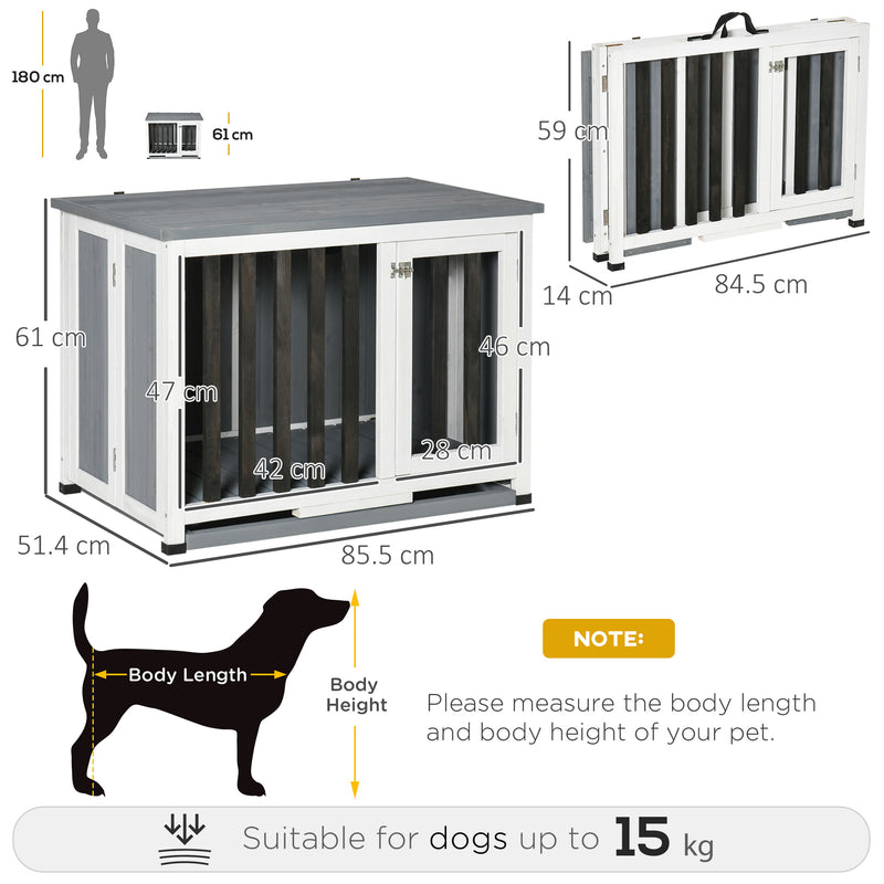 Wooden Dog Crate Folding Pet Kennel Cage End Table with Removable Tray for Medium and Small Dogs Grey 84.5 x 51.4 x 61 cm