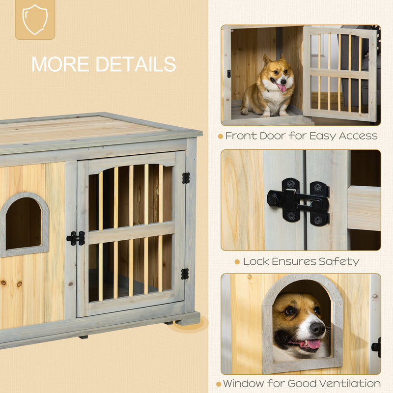 Wooden Dog Crate, End Table w/ Lockable Door and Window for Small and Medium Dog, Grey and Yellow, 95 x 65.5 x 70.5cm