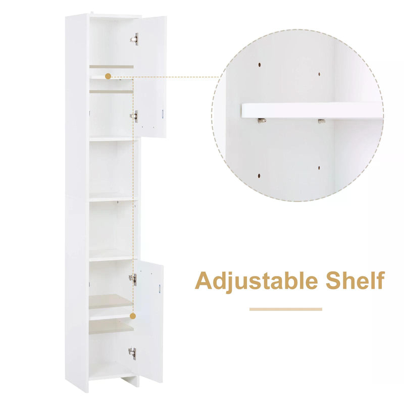 Slim Bathroom Tall Cabinet, High Floor Cabinet Unit for Bathroom, Freestanding Storage Cabinet with 2 Doors and Adjustable Shelves, White
