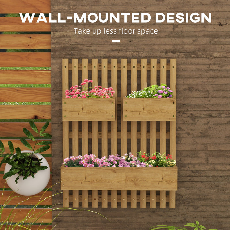 Wall-mounted Wooden Garden Planters with Trellis, Drainage Holes and 3 Planter Boxes for Patio, Carbonised