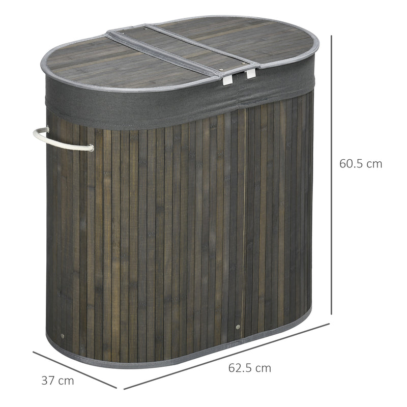 Bamboo Laundry Basket with Lid, 100 Litres Laundry Hamper with 2 Sections, Removable Washable Lining, Washing Baskets, 62.5 x 37 x 60.5cm, Grey