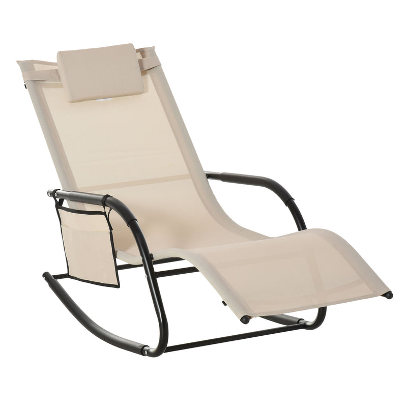 Breathable Mesh Rocking Chair Patio Rocker Lounge for Indoor & Outdoor Recliner Seat w/ Removable Headrest for Garden and Patio Cream White