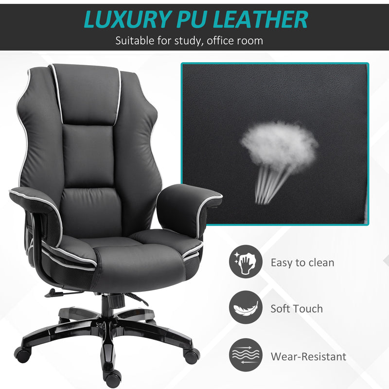 Piped PU Leather Padded High-Back Computer Office Gaming Chair Swivel Desk Seat Ergonomic Recliner w/ Armrests Adjustable Seat Height Black