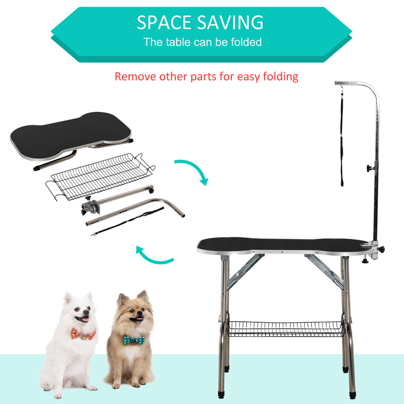 Foldable Pet Grooming Table Dog Drying Table with Adjustable Arm Non-Slip Rubber Tabletop Aluminium Alloy Edge Stainless Steel Bar Sling Black