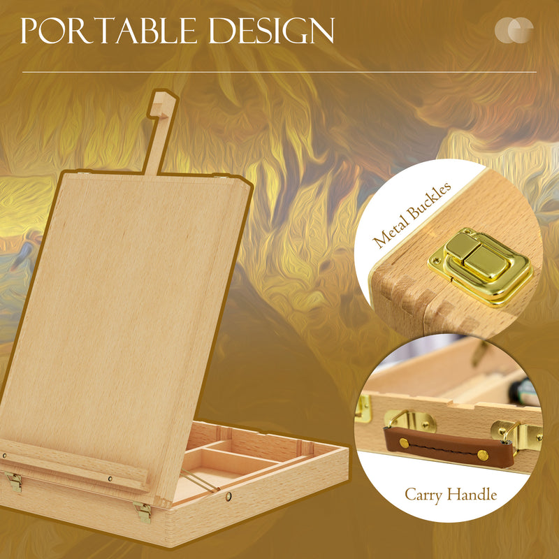 Wooden Table Easel Box Hold Canvas up to 61cm, Adjustable Beechwood Storage Table Box Easel, Portable Folding Artist Drawing & Sketching