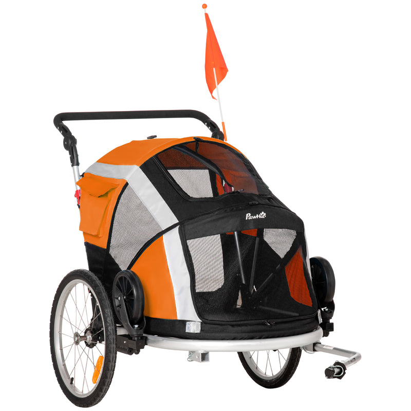 Dog Bike Trailer 2-in-1 Pet Stroller for Large Dogs Cart Foldable Bicycle Carrier Aluminium Frame with Safety Leash Hitch Coupler Flag Orange
