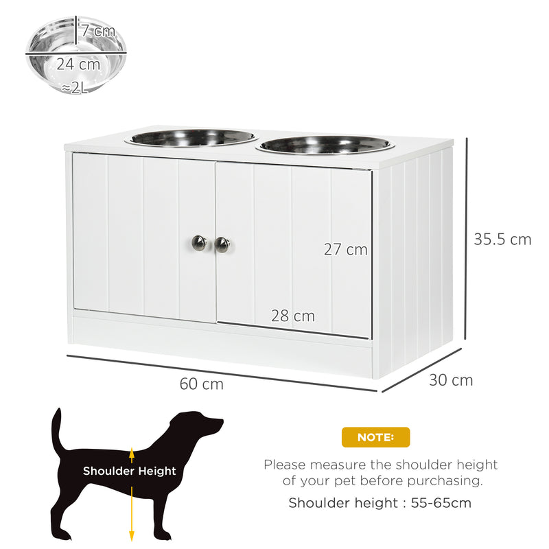 Raised Dog Bowls for Large Dogs Pet Feeding Station with Stand, Storage, 2 Stainless Steel Food and Water Bowls, White, 60 x 30 x 35.5 cm
