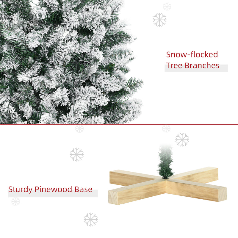 6 Foot Snow Flocked Artificial Christmas Tree, Xmas Pencil Tree with 630 Realistic Branches, Auto Open, Pinewood Base, Green