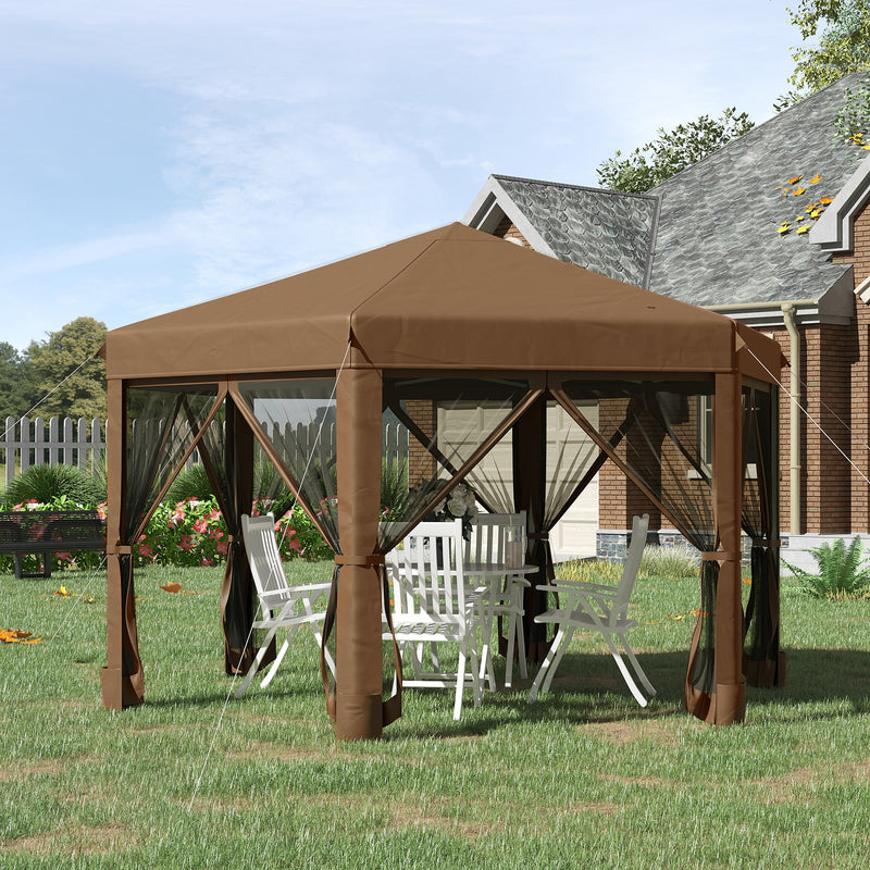 3.2m Pop Up Gazebo Hexagonal Canopy Tent Outdoor Sun Protection with Mesh Sidewalls, Handy Bag, Brown