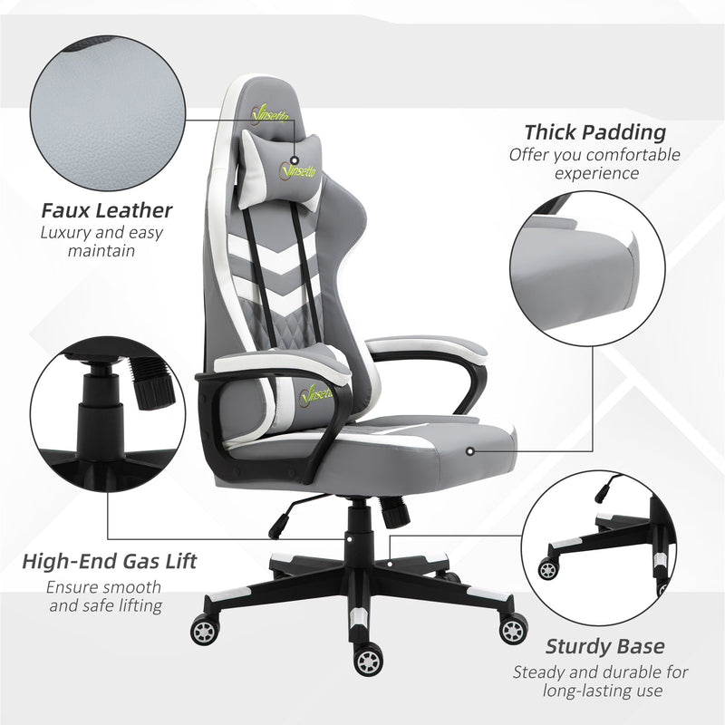 Racing Gaming Chair with Lumbar Support, Headrest, Swivel Wheel, PVC Leather Gamer Desk Chair for Home Office, Grey White