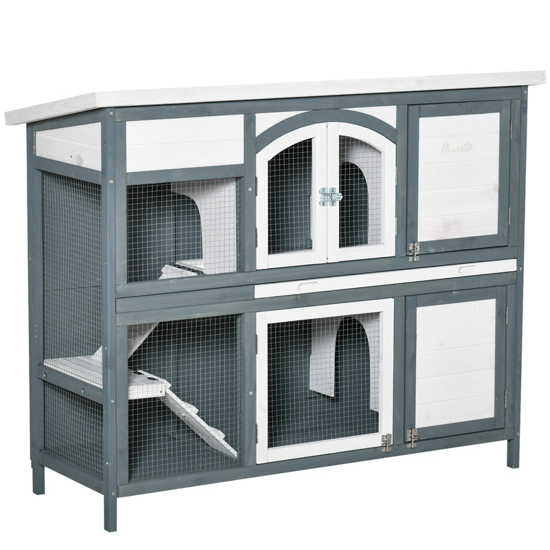 Two-Tier Wooden Rabbit Hutch Guinea Pig Cage w/ Openable Roof, Slide-Out Tray, Ramp - Grey