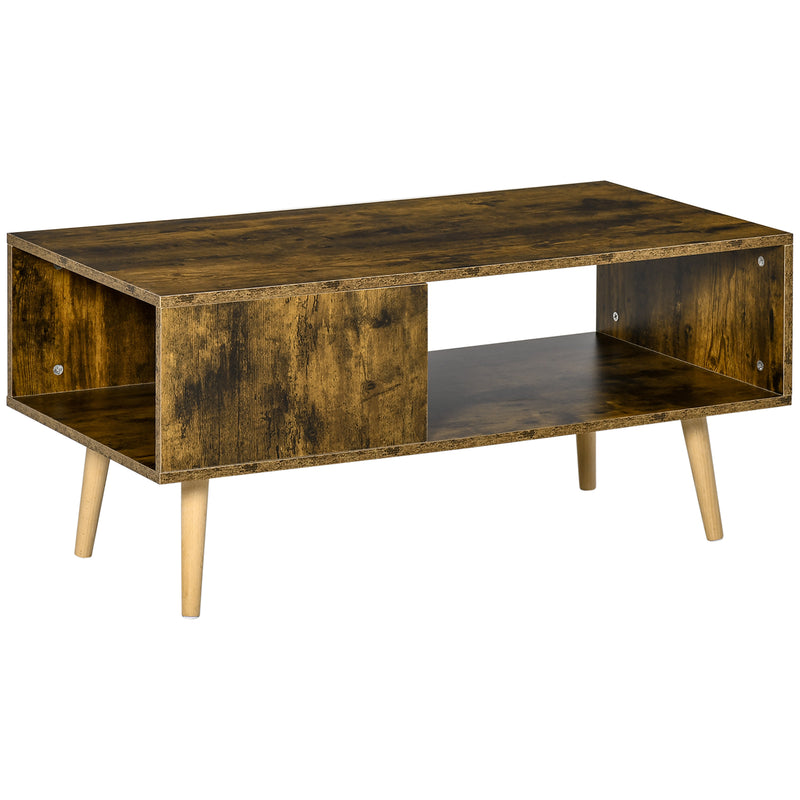 Coffee Table with Open Storage Shelves, Retro Cocktail Table with Solid Wood Legs for Living Room, Rustic Brown