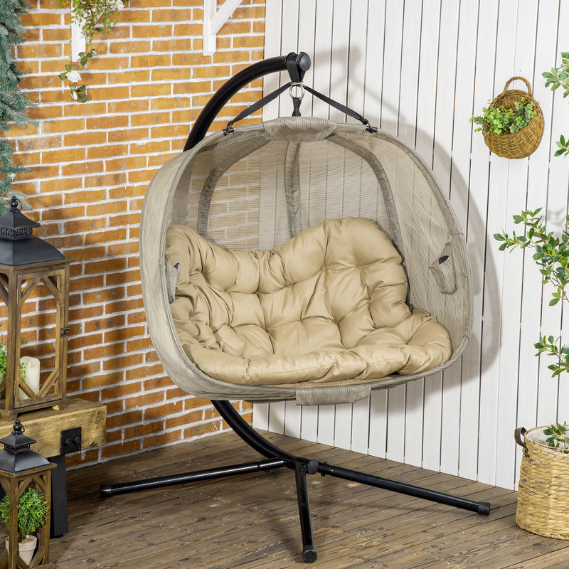 Double Hanging Egg Chair 2 Seaters Swing Hammock Chair with Stand, Cushion and Folding Design, for Indoor and Outdoor, Brown