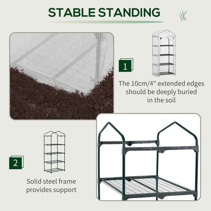 4 Tier Mini Greenhouse, Portable Green House with Steel Frame, PE Cover, Roll-up Door, 70 x 50 x 160 cm, White