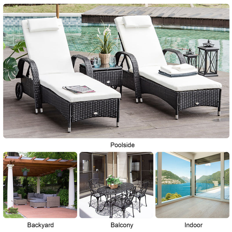 3 Pieces Patio Lounge Chair Set Garden Wicker Wheeling Recliner Outdoor Daybed, PE Rattan Lounge Chairs w/ Cushions & Side Coffee Table Black