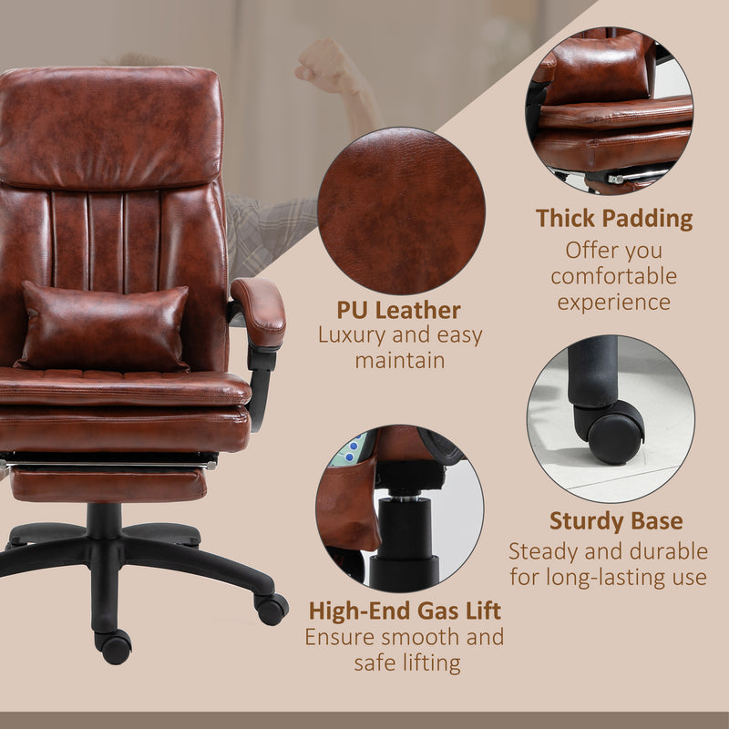 High Back Office Chair, Gaming Recliner Chair with Footrest, 7 Massage Points, Adjustable Height, Reclining Back, PU Leather, Brown