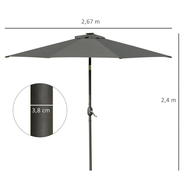 2.7m Garden Parasol, Patio LED Umbrella with Push Button Tilt/Crank 8 Rib Sun Shade for Outdoor Table Market Umbrella Grey