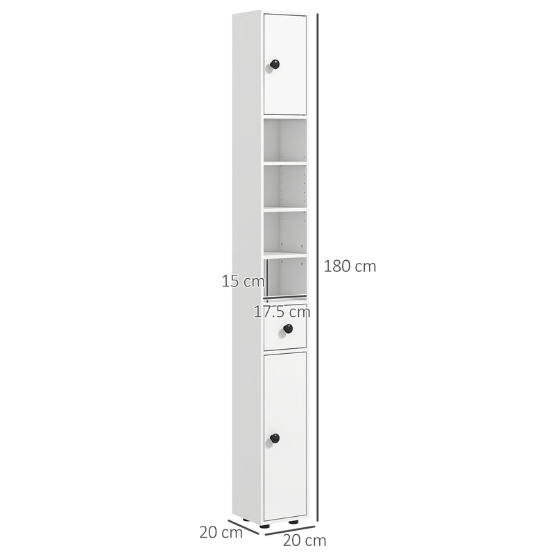 180cm Tall Slim Bathroom Cabinet, Narrow Toilet Roll Storage w/ Open Shelves, 2 Door Cabinets, Adjustable Shelves, for Kitchen, White