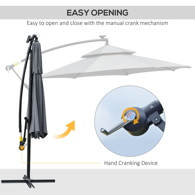 3(m) Cantilever Banana Parasol Hanging Umbrella with Double Roof, LED Solar lights, Crank, 8 Sturdy Ribs and Cross Base for Outdoor, Garden