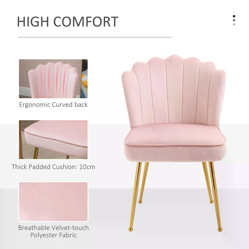 Velvet-Feel Shell Luxe Accent Chair, Glam Vanity Chair Makeup Seat, Home Bedroom Lounge with Metal Legs Comfort Padding, Pink