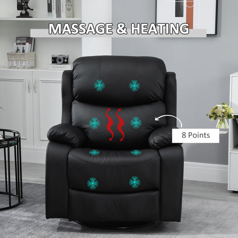 PU Leather Reclining Chair with 8 Massage Points and Heat, Manual Recliner with Swivel Base, Footrest and Remote, Black