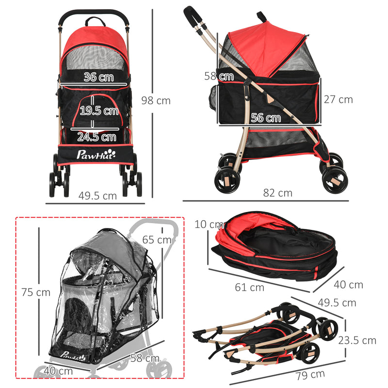 Detachable Pet Stroller with Rain Cover, 3 In 1 Cat Dog Pushchair, Foldable Carrying Bag w/ Universal Wheels, Brake, Canopy, Basket