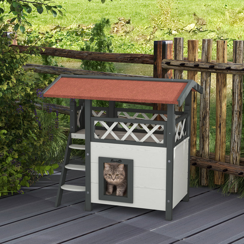 Cat House Outdoor w/ Balcony Stairs Roof, 77 x 50 x 73 cm, White