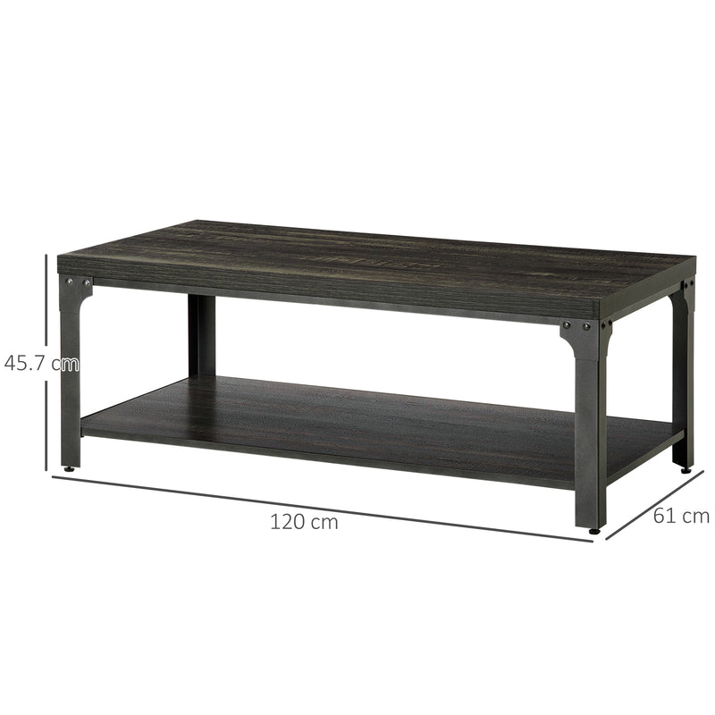 Rustic Coffee Table with Storage Shelf, Cocktail Table with Steel Frame and Thickened Top for Living Room, Dark Walnut