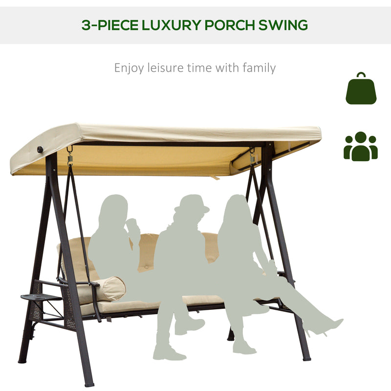 Steel Swing Chair Hammock Garden 3 Seater Canopy Cushion Shelter Outdoor Bench Beige