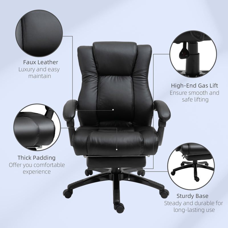 Executive Home Office Chair Swivel High Back Recliner PU Leather Ergonomic Chair, with Footrest, Wheels, Adjustable Height, Black