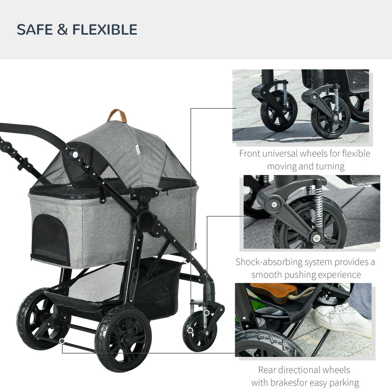 2-In-1 Design No-Zip Pet Stroller Detachable Bag Travel Trolley with Shock-absorbing System Brake Basket Adjustable Handlebar Safety Leash Grey