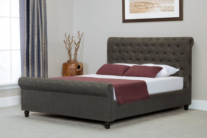 Oxford Scroll Button Upholstered Ottoman Bed Grey - King - Bedzy Limited Cheap affordable beds united kingdom england bedroom furniture