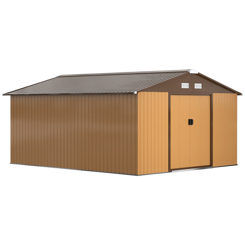 13 x 11 ft Metal Garden Shed Large Patio Roofed Tool Storage Box with Foundation Ventilation and Sliding Doors, Yellow