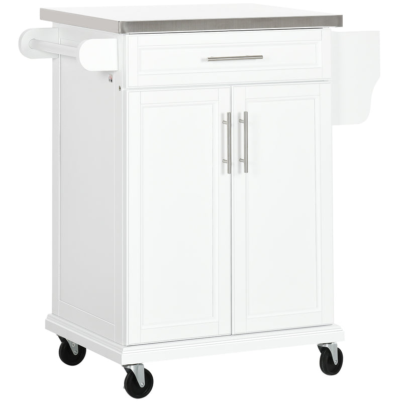 White Wooden Freestanding Kitchen Island on Wheels, Serving Cart Storage Trolley with Stainless Steel Top, Drawer, Side Handle and Rack