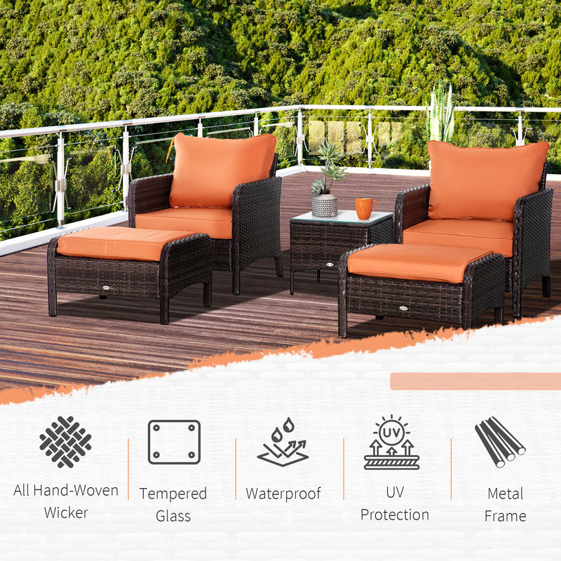 5 Pcs PE Rattan Garden Furniture Set, 2 Armchairs 2 Stools Glass Top Table Cushions Wicker Weave Chairs Outdoor Seating, Brown