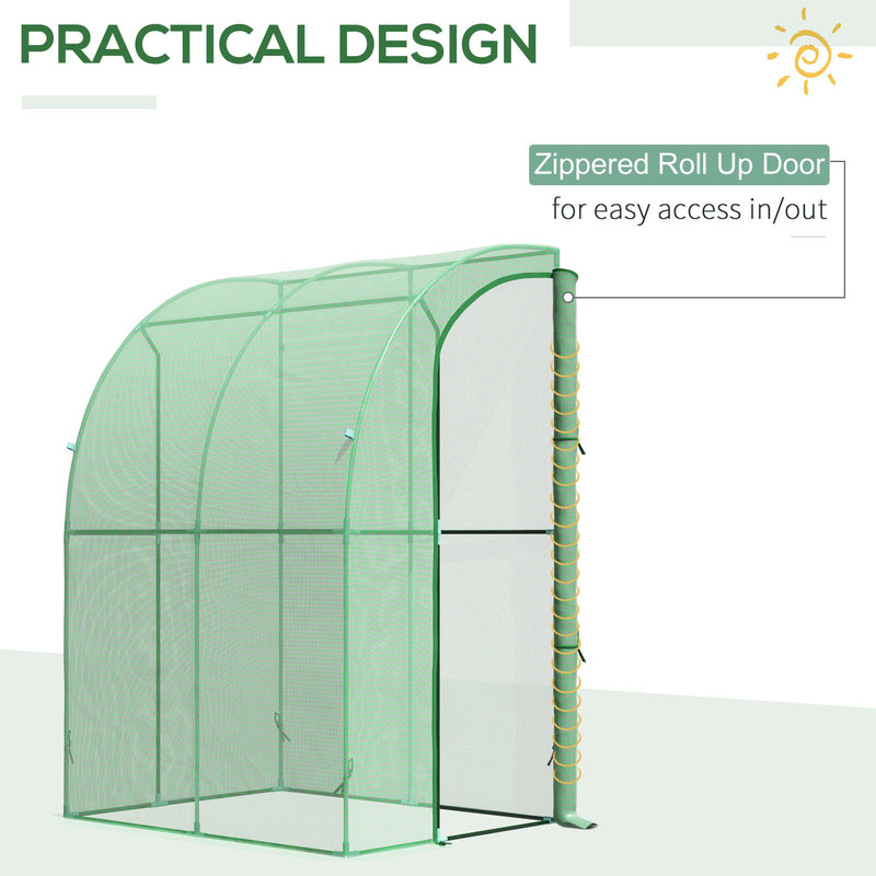 Walk-In Greenhouse Lean to Wall Tunnel Greenhouse with Zippered Roll Up Door PE Cover and Steel Frame for Garden, 143 x 118 x 212 cm