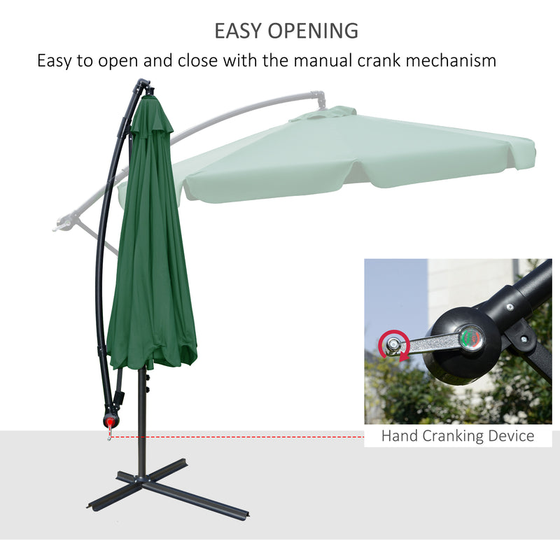 2.7m Garden Parasol Cantilever Umbrella with Crank Handle and Cross Base for Outdoor, Hanging Sun Shade, Green