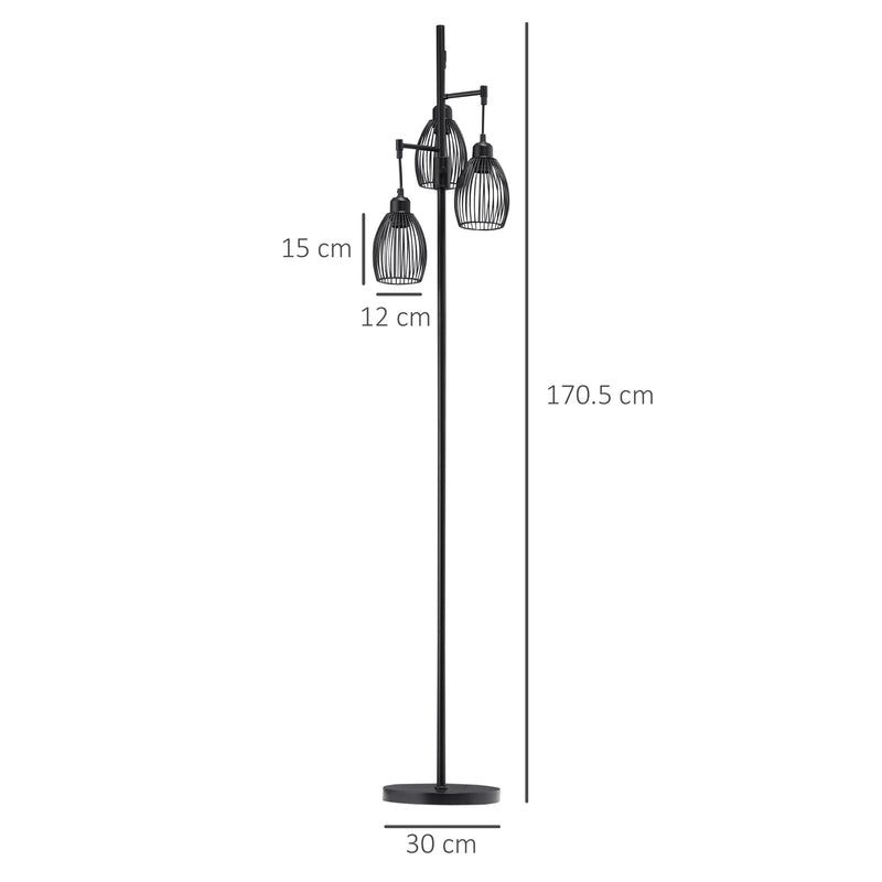 Industrial 3-Light Floor Lamp, Dimmable Standing Lamp with Metal lampshades for Living Room, Bedroom, Dinging Room, Study, Black